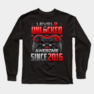 Level 8 Unlocked Awesome Since 2016 8Th Birthday Kids Gaming Long Sleeve T-Shirt